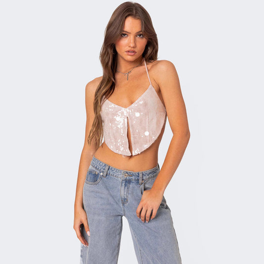 Dam Crop Top – Paljett – Figurnära Passform – Halterneck – Djup V-ringning – Festtop