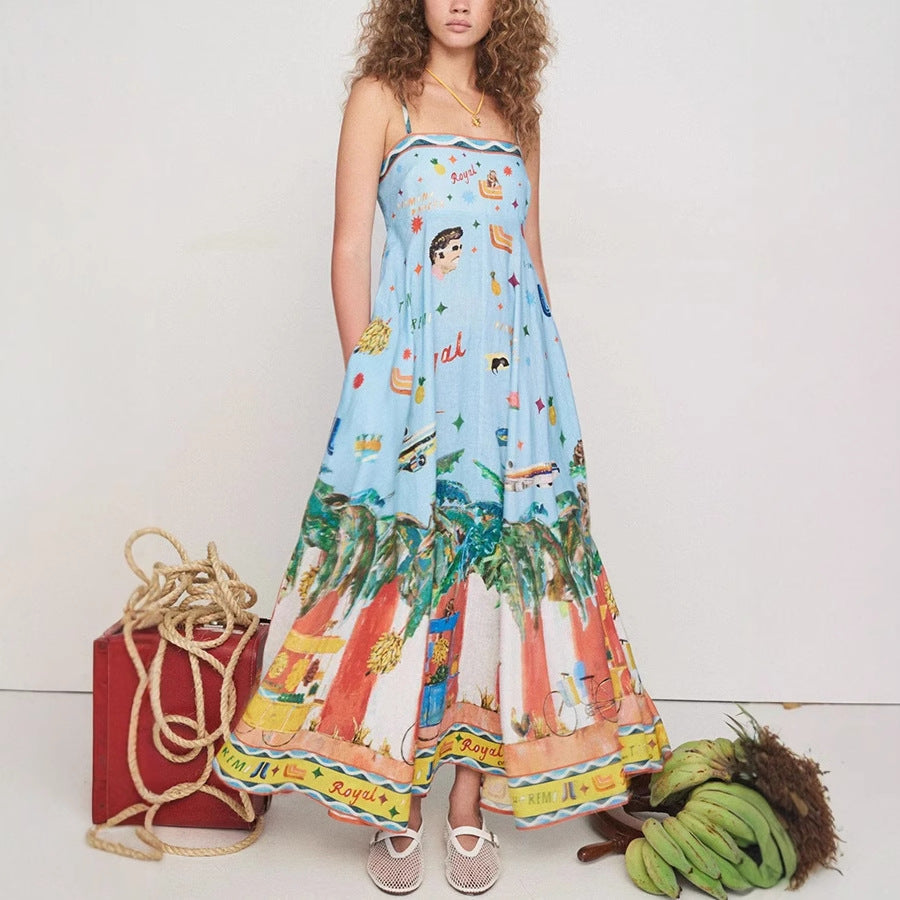 Damklänning maxilängd – Bomullsblandning – Spagettiband – Graffititryck – Smockrygg