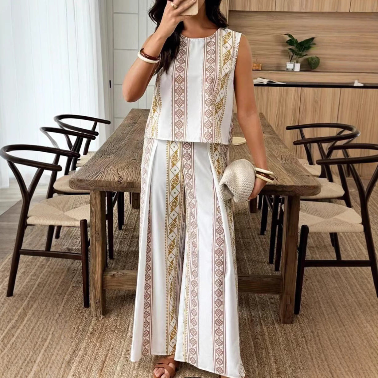 Damset topp och vida byxor – Avslappnad passform – Hög midja – Geometriskt mönster