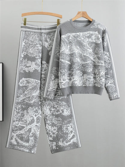 Damset med tröja och byxa – Jacquardstickad – Vida ben – Hög midja – Avslappnad passform