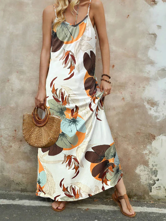 Damklänning maxi – Blommig – Lös passform – Spagettiband – Bomull