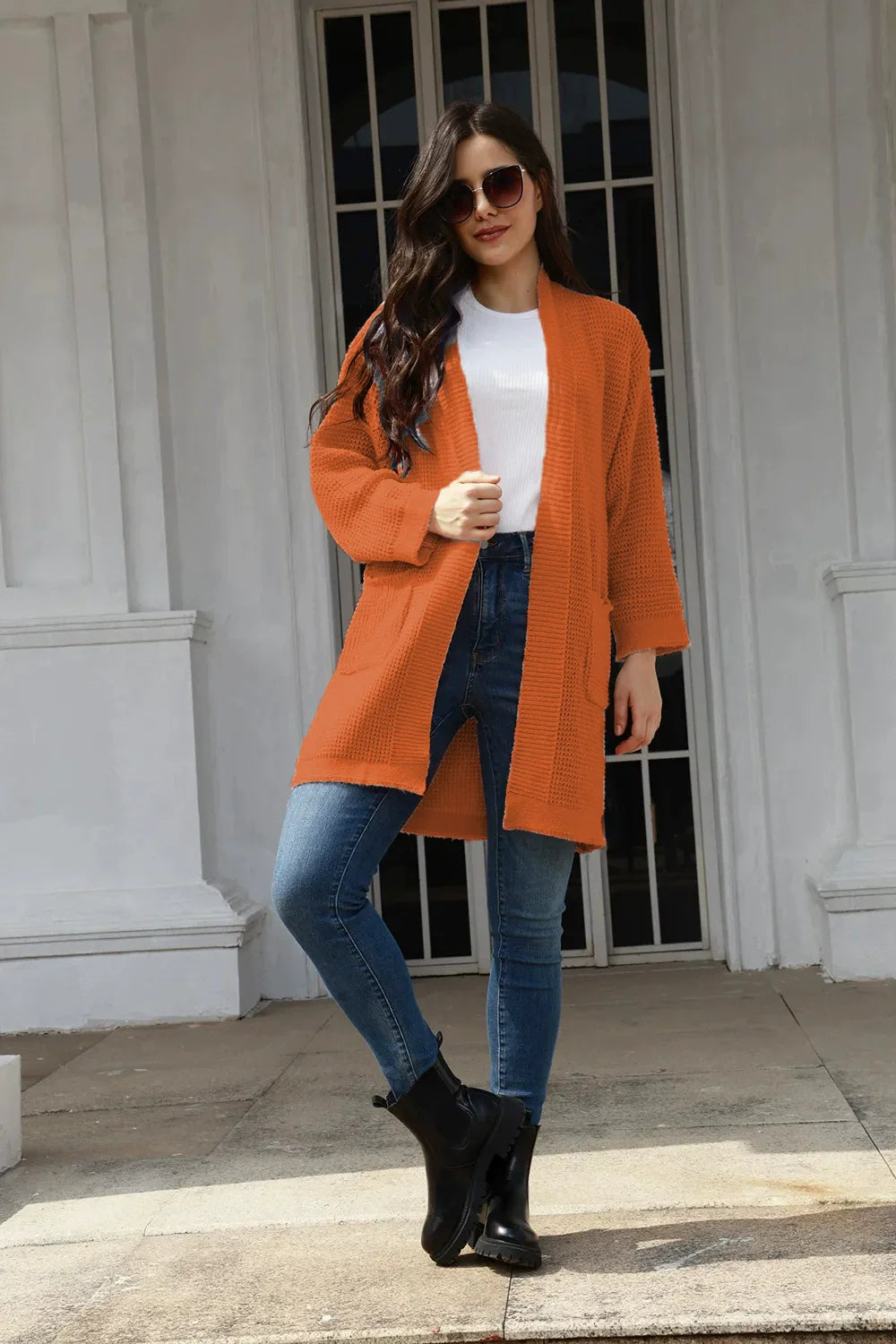 Damkofta – Stickad Ullkänsla – Stickad ullblandning – Öppen Front – Med Fickor