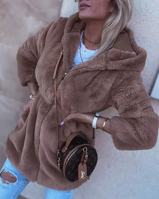 Damkofta med Huva – Mysigt – Avslappnad Passform – Dragsko i Midjan – Dragkedja fram