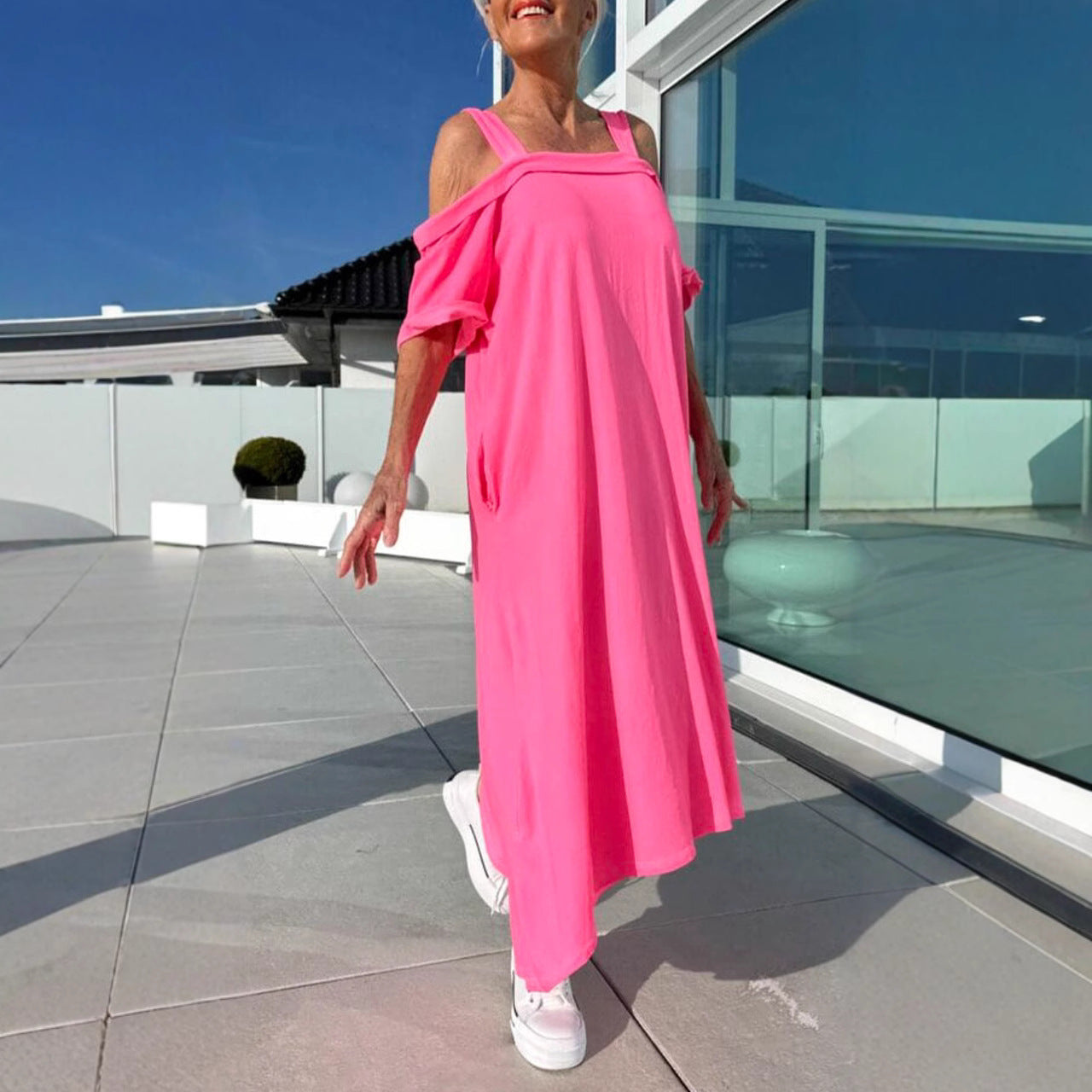 Damklänning Maxi – Off shoulder med axelband – Avslappnad passform – Bomull