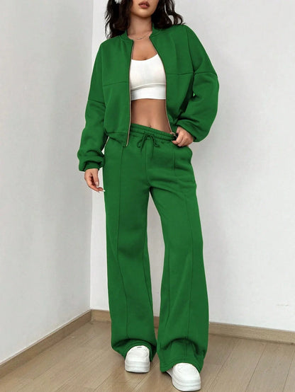Dam Loungewear Set – Kort Bomberjacka – Vida Byxor Hög Midja – Mjuk Bomullskänsla