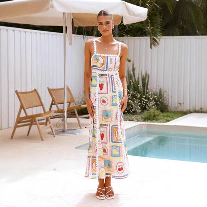 Damklänning maxi – Linneblandning – Geometriskt mönster – Spetsdetalj – Ärmfri avslappnad passform