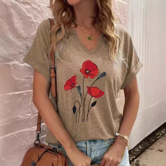 Dam T-shirt – Avslappnad Passform – V-ringning – Kort Ärm – Blommigt Tryck – Andningsbart Tyg