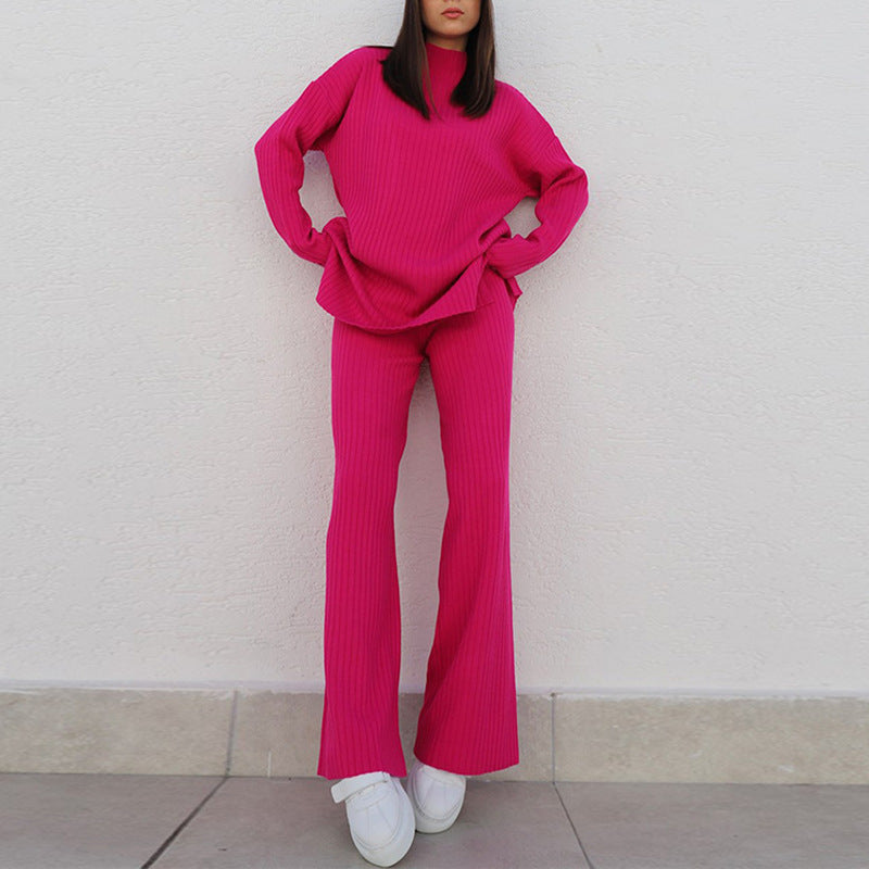 Damset i stickad mjukrib – Avslappnad passform – Hög hals – Vida byxor – Lång ärm