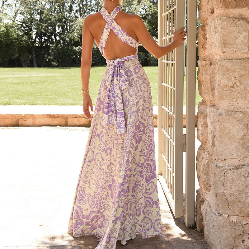 Damklänning halterneck – Blommigt tryck – Ärmös – Ankelängd – Öppen rygg