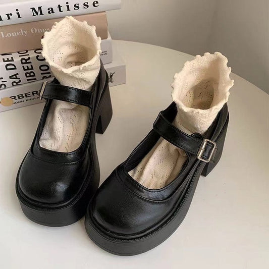 Dam Plattform Skor – Blockklack – Mary Jane-rem – Rund tå – Retrodesign