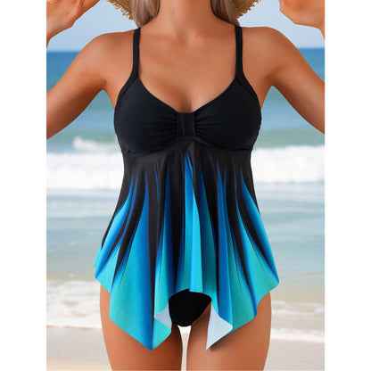 Dam Tankini Set– V-ringning – Rynkad byst – Asymmetrisk fåll – Lös passform