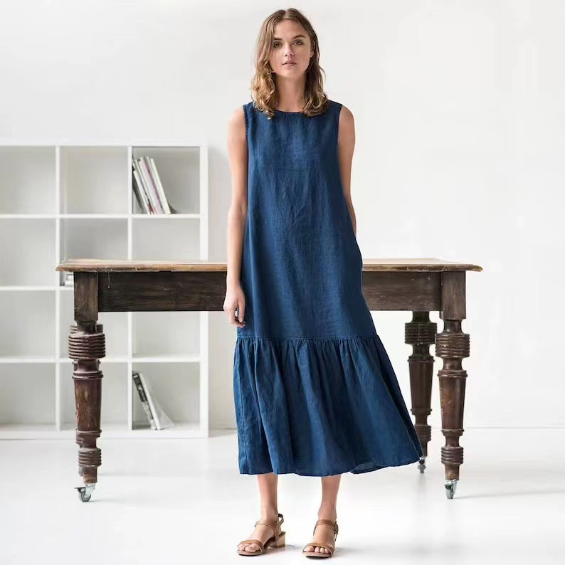 Damklänning midi – Ärmös – Lös passform – Linneblandning – Volangfåll – Vardagsbruk