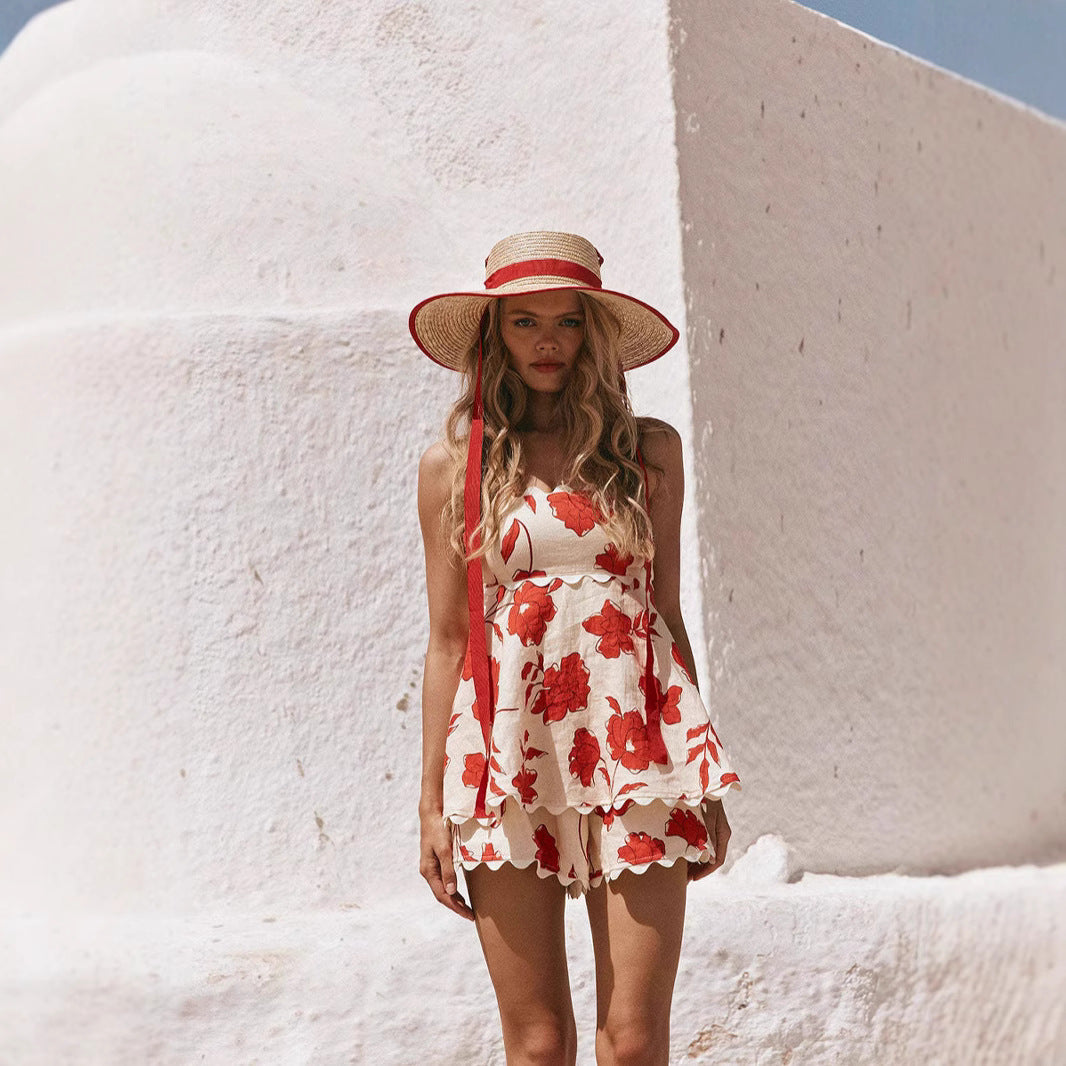 Damset tvådelat – linne – avslappnad passform – kort topp & shorts – blommigt mönster – spetsdetaljer