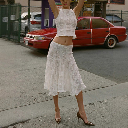 Damset – Texturerad Ärmös Crop Top – A-linjeformad Midikjol – Avslappnad Passform