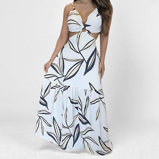 Damklänning – Maxilängd – Halterneck – Skuren midja – A-linjeformad med volangkjol