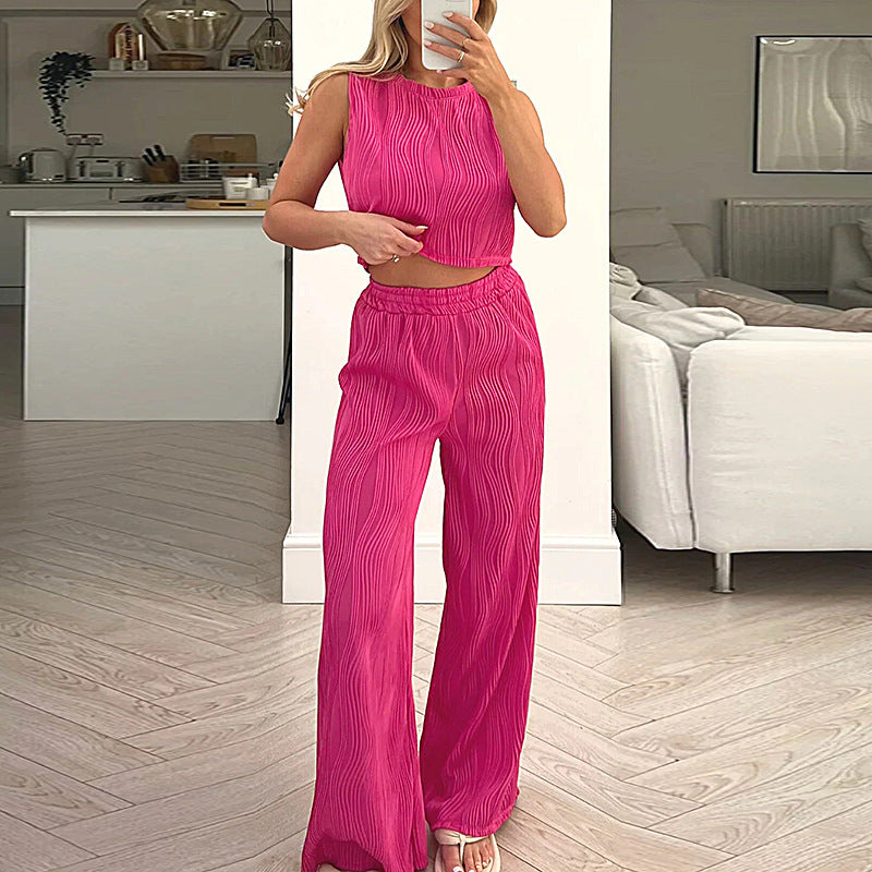 Damset – Ribbstickat Tvådelat – Ärmlös Kort Top – Hög Midja Raka Byxor