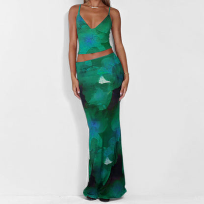 Damkläder Set – Figursydd Väst och Maxikjol – Djup V-ringning – Spagettiband