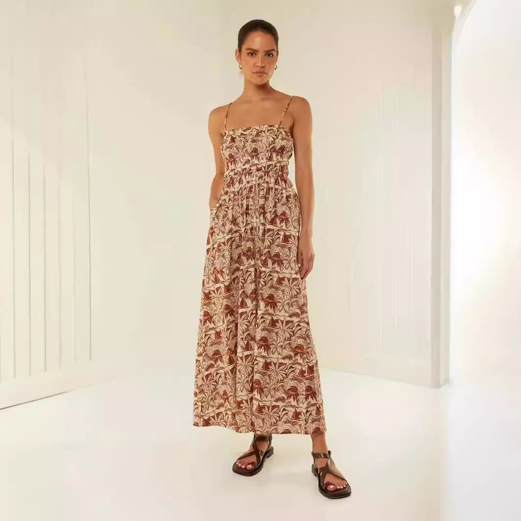 Damklänning maxi – Off-shoulder – Spagettiband – Rynkad överdel – Ledig passform