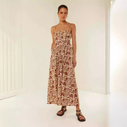 Damklänning maxi – Off-shoulder – Spagettiband – Rynkad överdel – Ledig passform