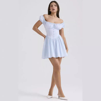 Damklänning – Slim Fit – Mini – Puffärm – Fyrkantig Hals – Knappstängning