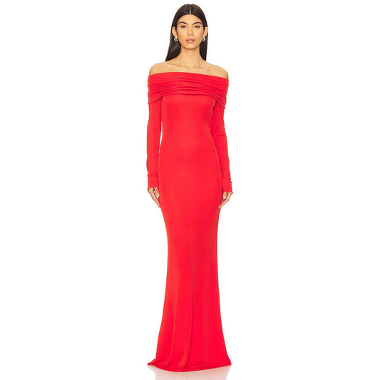 Damklänning för kväll – Slim Fit – Off-Shoulder – Draperad Hals – Hel Längd – Satinlook