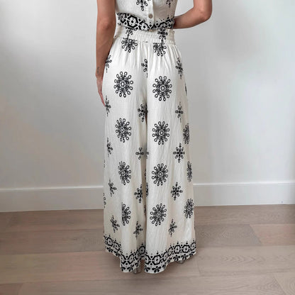 Damset – Ärmös Crop Top och Höga Vida Byxor – Avslappnad Passform – Lätt Bomullsblandning