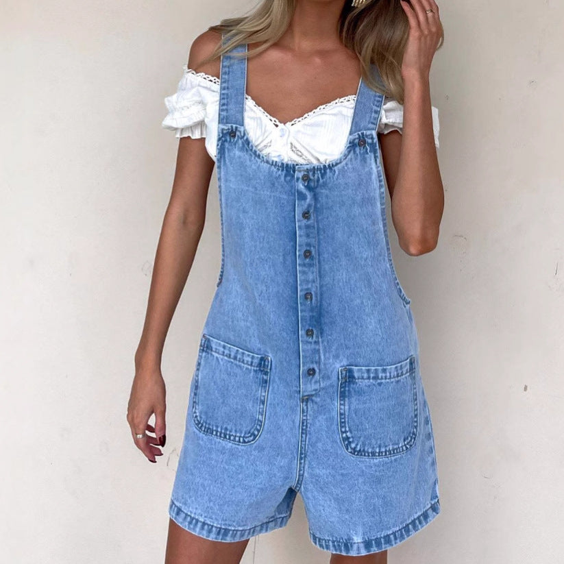 Dam Dungareeshorts – Denim – Lös Passform – Justerbara Axelband – Knappframsida