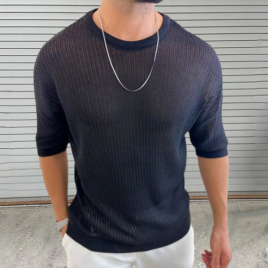 Herrstickad topp – Slim Fit – Lätt stickad ribbad – Halvtransparent – Kort ärm