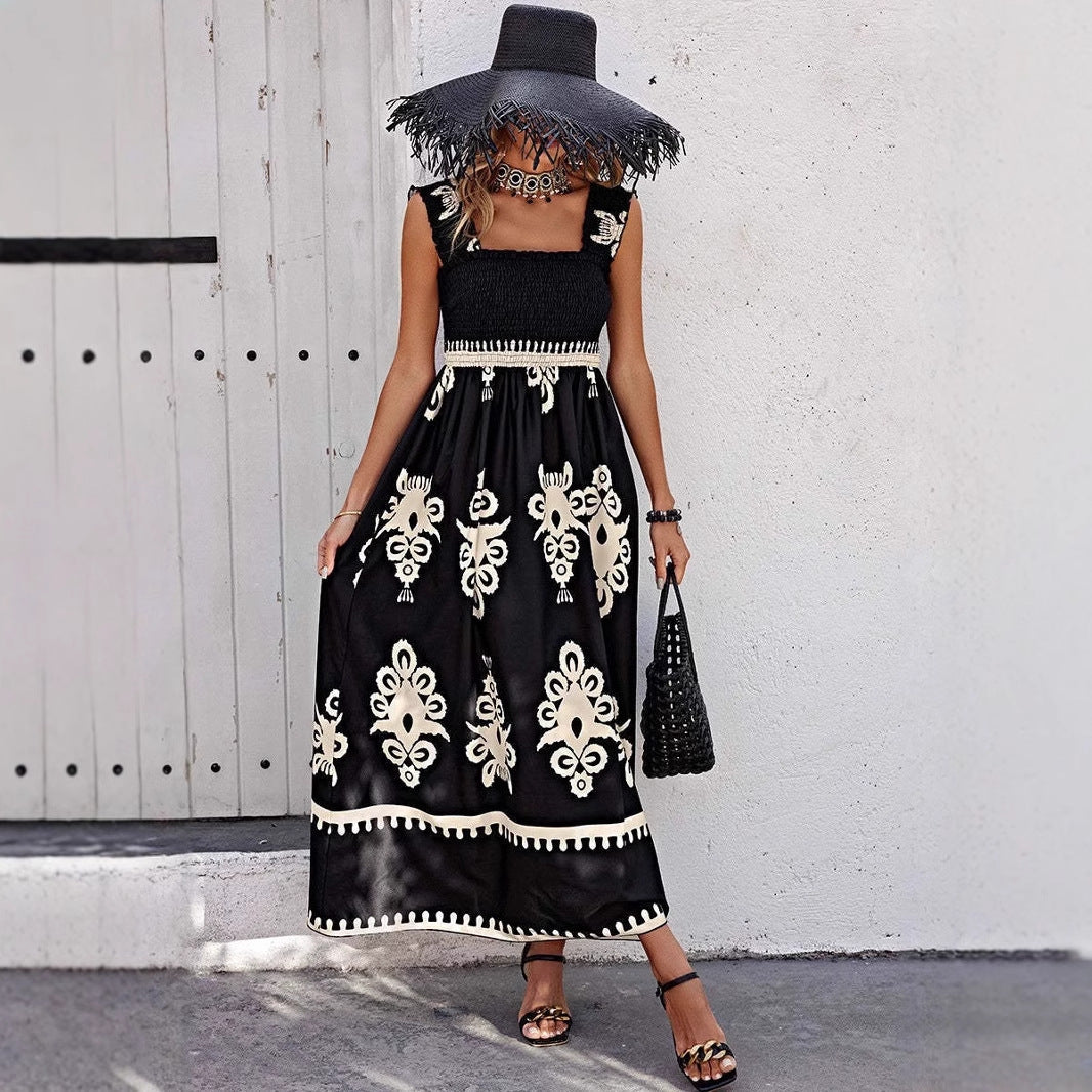 Damklänning maxi – Bohemiskt mönster – Lätt bomull – Smockliv – Volangband