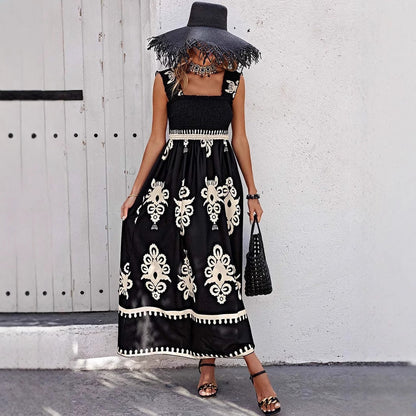 Damklänning maxi – Bohemiskt mönster – Lätt bomull – Smockliv – Volangband