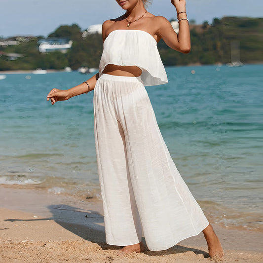 Damset med byxa – Axelbandslös topp – Vida ben – Lätt och luftig passform