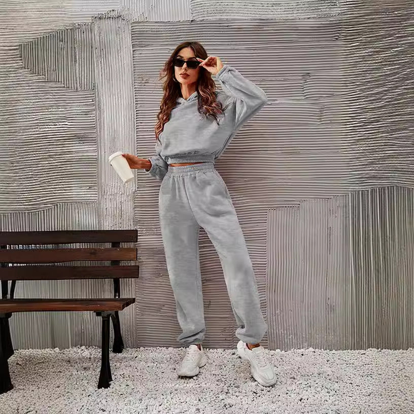 Damset med huvtröja och byxor – Avslappnad passform – Mjuk bomull – Ribbad kant