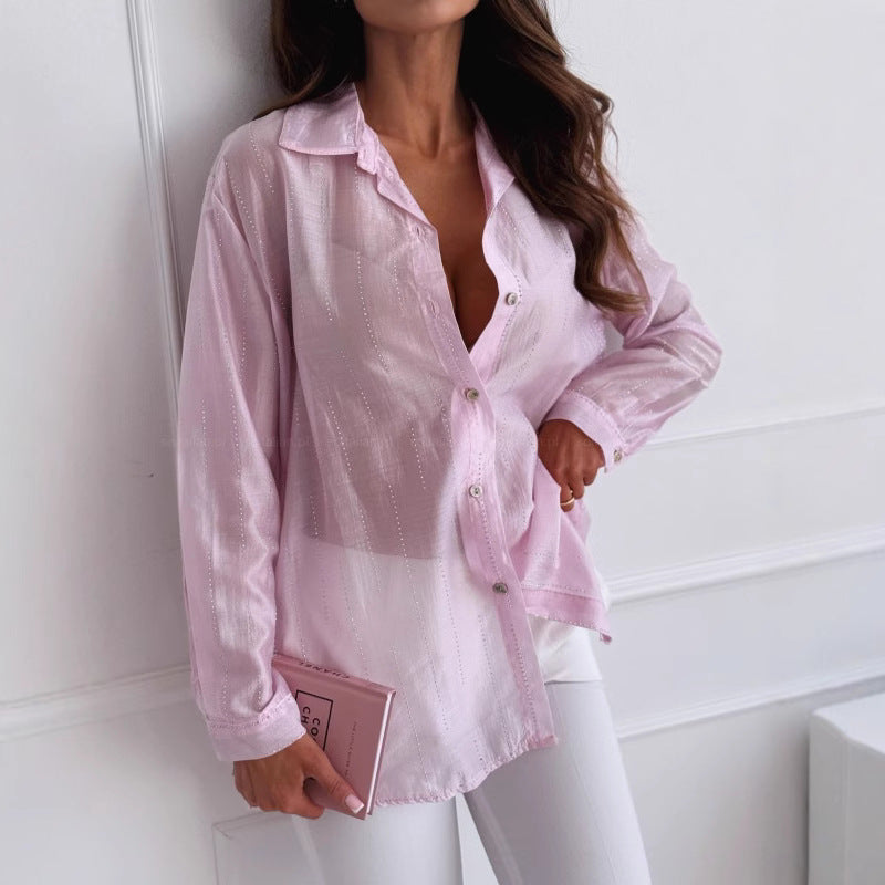 Dam Skjorta – Oversized Passform – Knäppning – Strassdetaljer – Andningsbar Textil