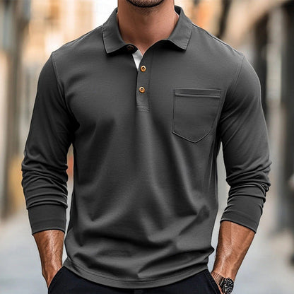 Herrpikétröja med lång ärm – Slim Fit – Bomull – Bröstficka – Knappslå