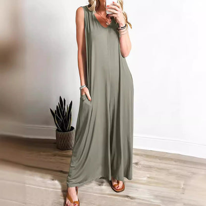 Damklänning – Maxilängd – Ärmös med V-ringning – Mjuk Stickad – Ledig Passform med Fickor