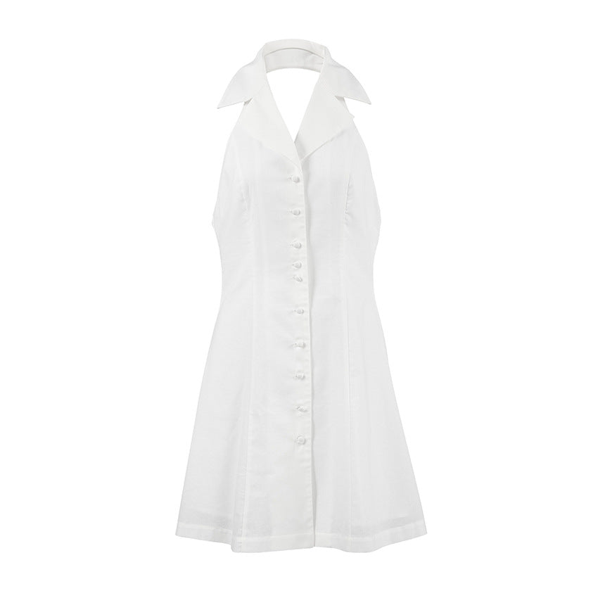 Damklänning – Halterneck – V-ringning – A-linjeformad – Linneblandning – Minilängd