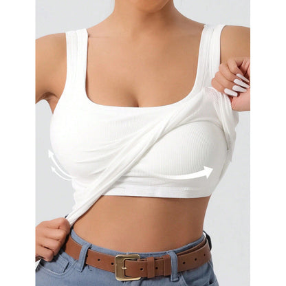 Dam Crop Top – Slim Fit – Ribbad Bomull – Breda Axelband – Fyrkantig Halsringning
