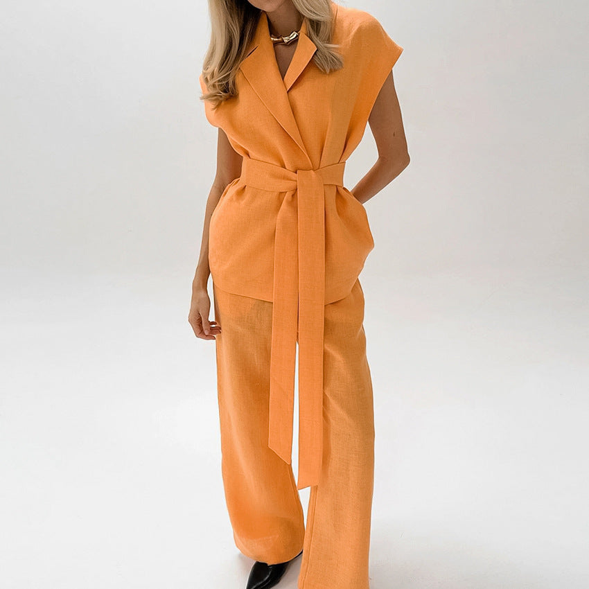 Damset med ärmlös topp och vida byxor – Avslappnad passform – Bälte – Luftig design