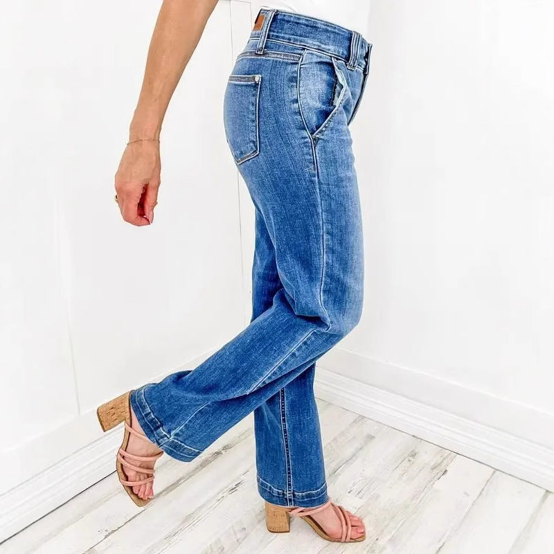 Dam Jeans – Hög Midja – Rak Passform – Slitstark Denim – Hellång för Vardag
