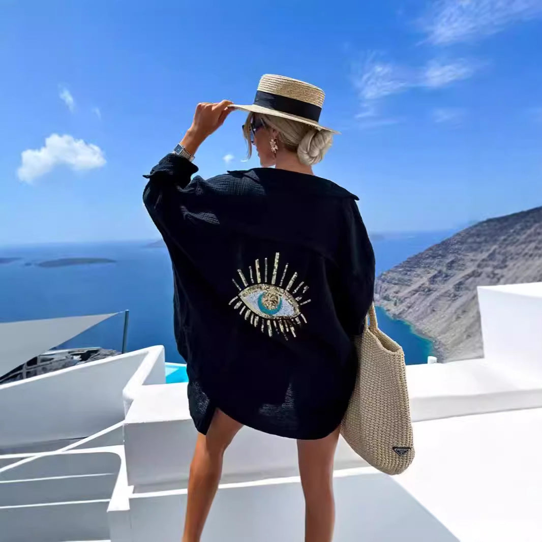 Damkofta – Lång Oversize Passform – Lätt Bomull – Öppen Front – Paljettmotiv Bak