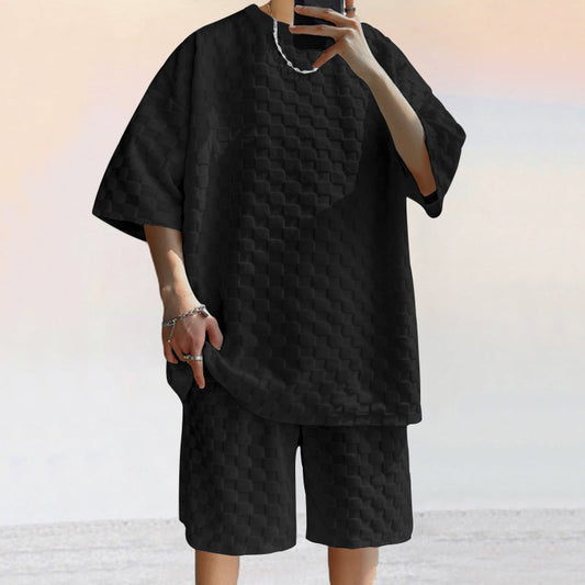 Herrset – Jacquardstickad T-shirt med Lös Passform & Raka Shorts – Andasmaterial