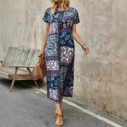Damklänning – Avslappnad Passform – Kort Ärm – Paisley Patchwork – Andningsbart Tyg