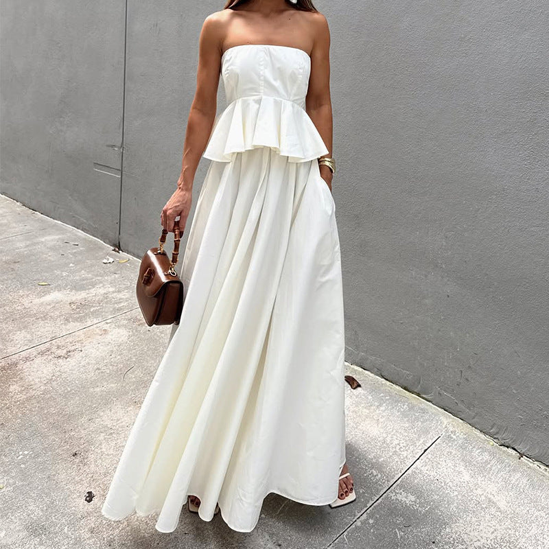 Damklänning maxi – ärmlös axelbandslös – peplumliv – luftig A-linjeform