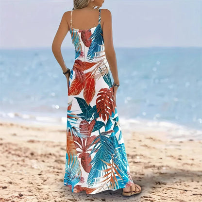Damklänning maxi – Luftig passform – Spagettiband – Tropiskt bladmönster – Ärmlös