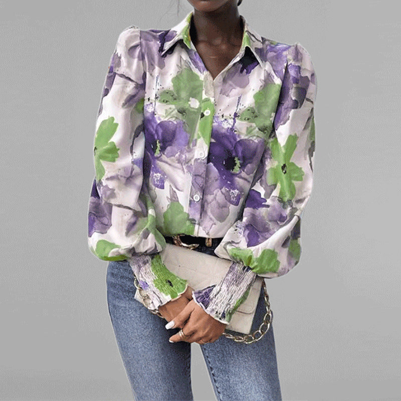 Dam skjorta – Oversized passform – Puffärmar – Blommigt tryck – Smockade muddar