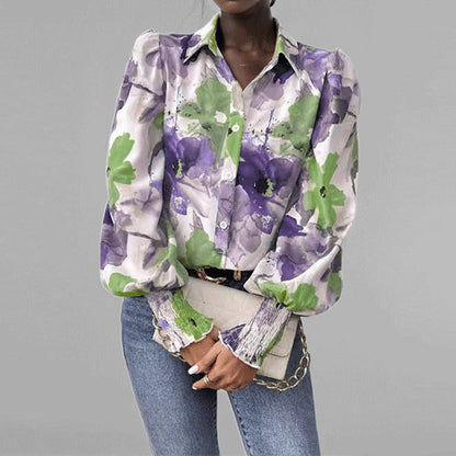 Dam skjorta – Oversized passform – Puffärmar – Blommigt tryck – Smockade muddar