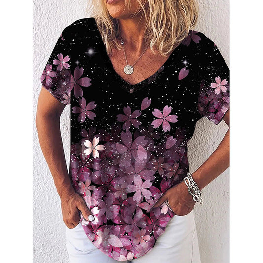 Dam T-shirt V-ringad – Blommigt Mönster – Regular Fit – Mjuk Andningsbar Kvalitet – Kort Ärm