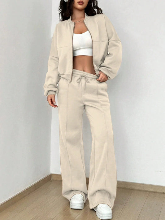 Dam Loungewear Set – Kort Bomberjacka – Vida Byxor Hög Midja – Mjuk Bomullskänsla