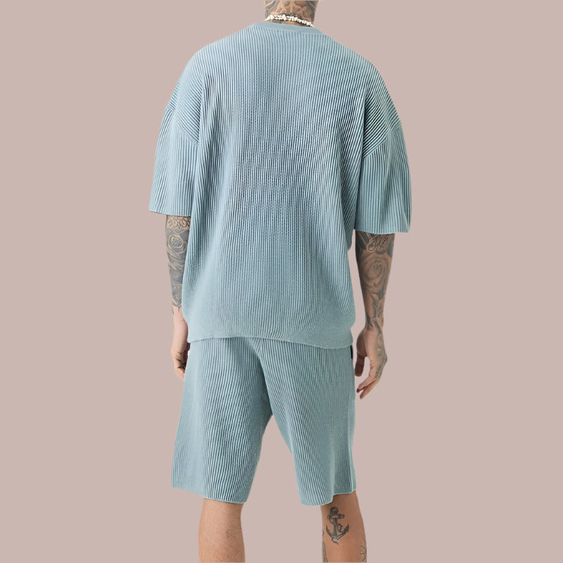 Herrset – Ribbstickat Stretchtyg – Avslappnad Passform – T-shirt med Shorts