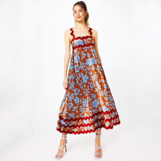 Damklänning – Lång A-linje – Blommigt Mönster – Vågig Kant – Flödande Passform